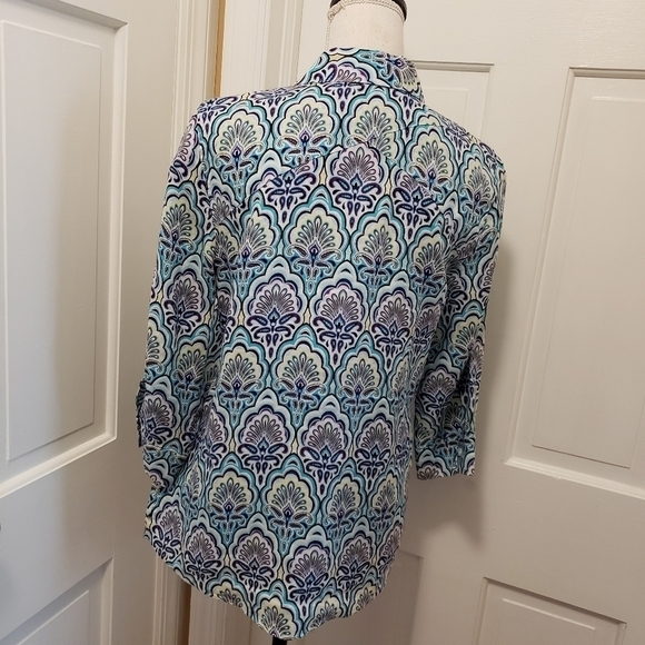 Chico's Scallop-Print Button Front No Iron Linen Shirt Size 0=8/10 Colorful - Picture 6 of 13